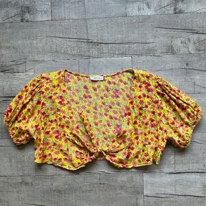 Jolie & Joy Yellow Floral Boho Festival Twist Front Crop Top Retro 70s 90s 2X
